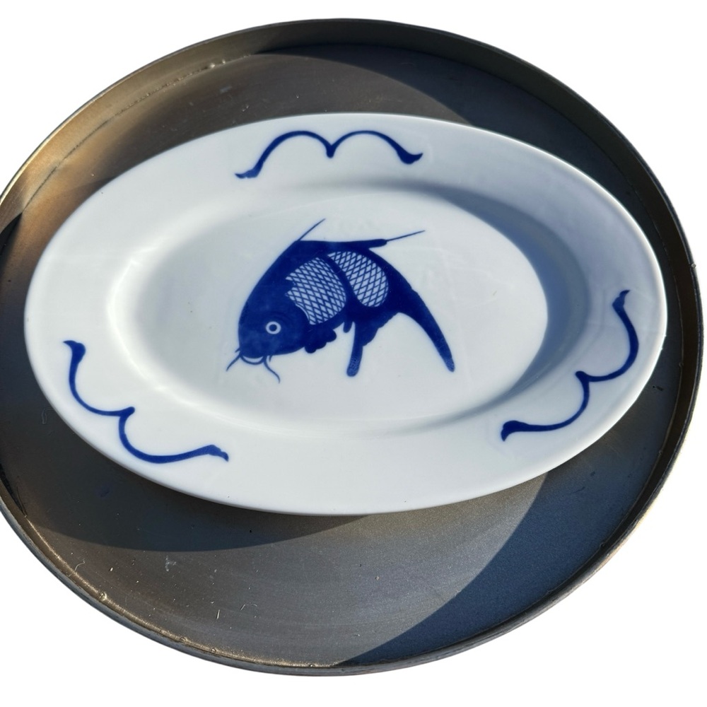 VTG Misty Rose Porcelain Blue White Koi Fish Oval Serving Platter Tray Plate 12”
